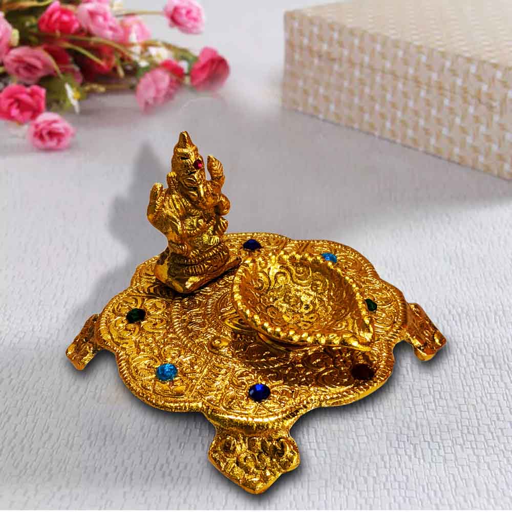 Golden Finish Ganesha Statue and Deepak Online